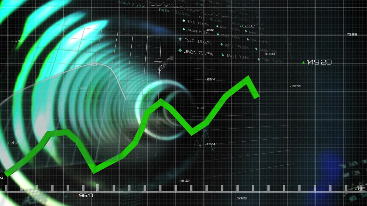 animación de gráficos y tablero de negociación sobre el túnel circular iluminado en el patrón de cuadrícula.