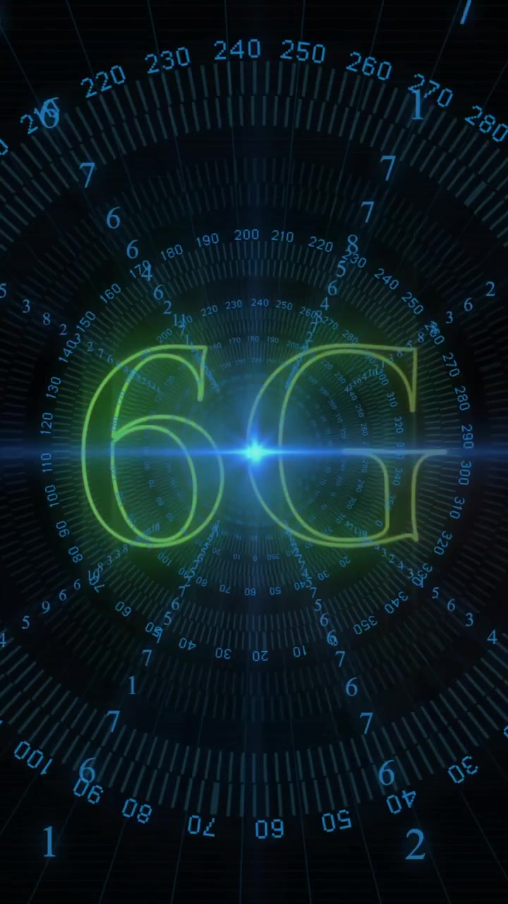 Animazione della scritta 6G, elaborazione dati e mirino su sfondo scuro