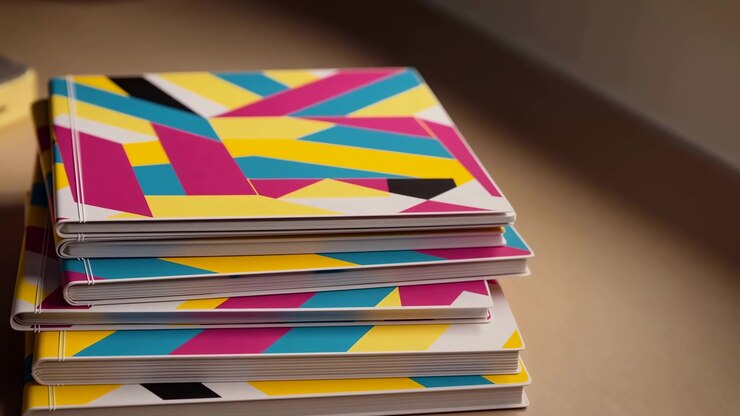 Top notebook in tidy horizontal stack lifts open slightly, revealing blank white page while lower notebooks stay aligned, with warm directional light, soft shadows, and clean modern color contrast