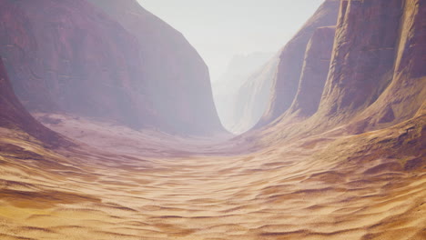 a narrow canyon with red rock walls and sand dunes