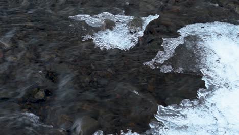 Langsam-Fließender-Fluss-Mit-Klarem-Wasser-Zwischen-Der-Eisschicht-In-Der-Wintersaison---Nahaufnahme