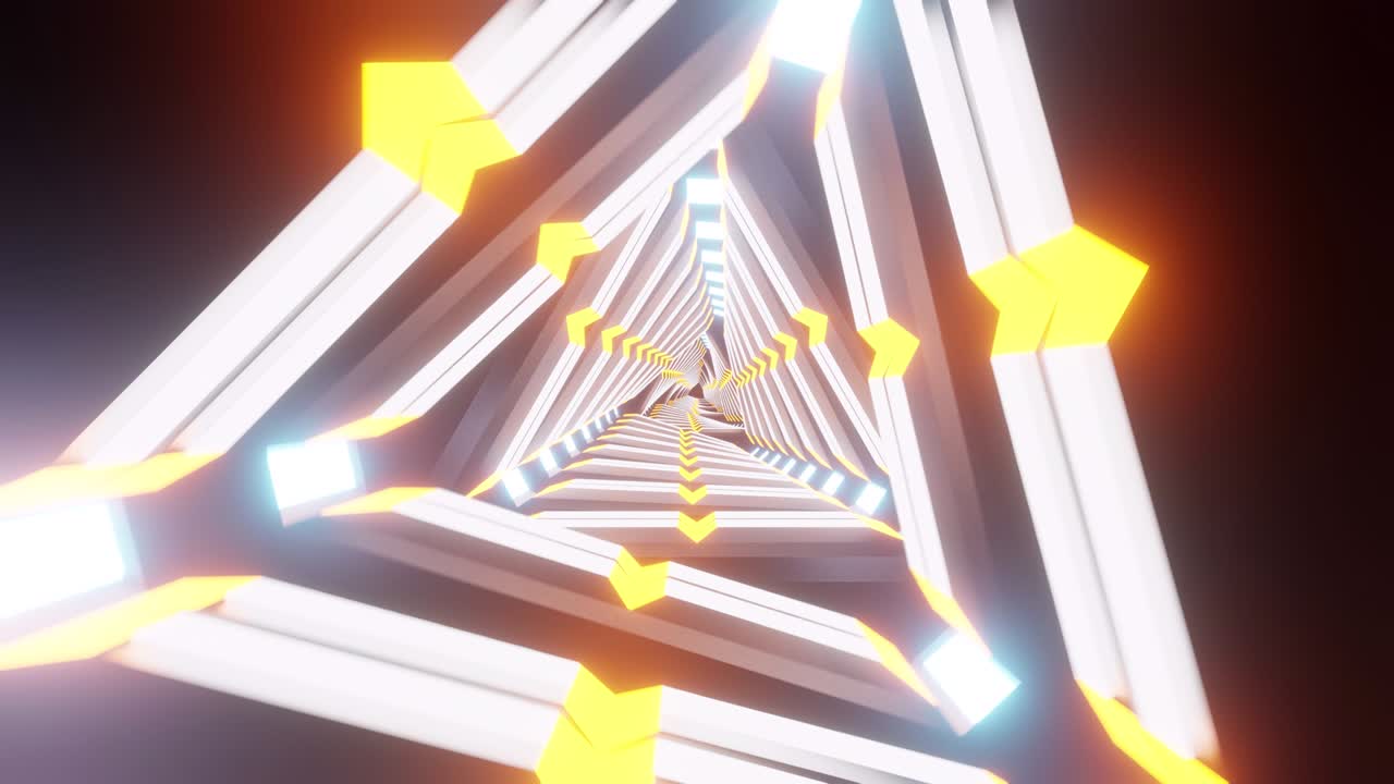 circuito de animación de ciencia ficción portal de tecnología avanzada renderización 3d. circuito de música vj. circuito de túnel de neón triángulo. vuelo abstracto en iluminación de neón moderna corredor de metal futurista con triángulos.