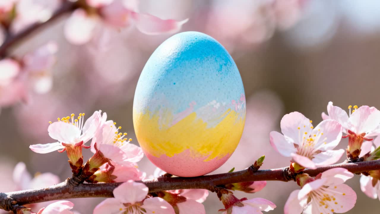 Camera tightening frame around pastel egg on branch, animated focus revealing texture for marketing