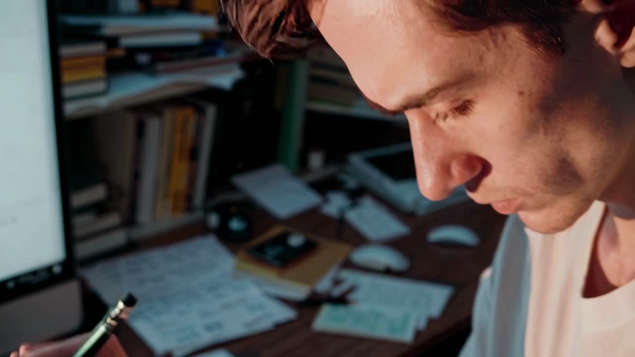 Close-up side angle of a focused man sketching at a cluttered desk, illuminated by screen light