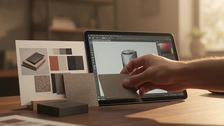 Designer bruger digitale værktøjer og materialeprøver til kreativt projekt
