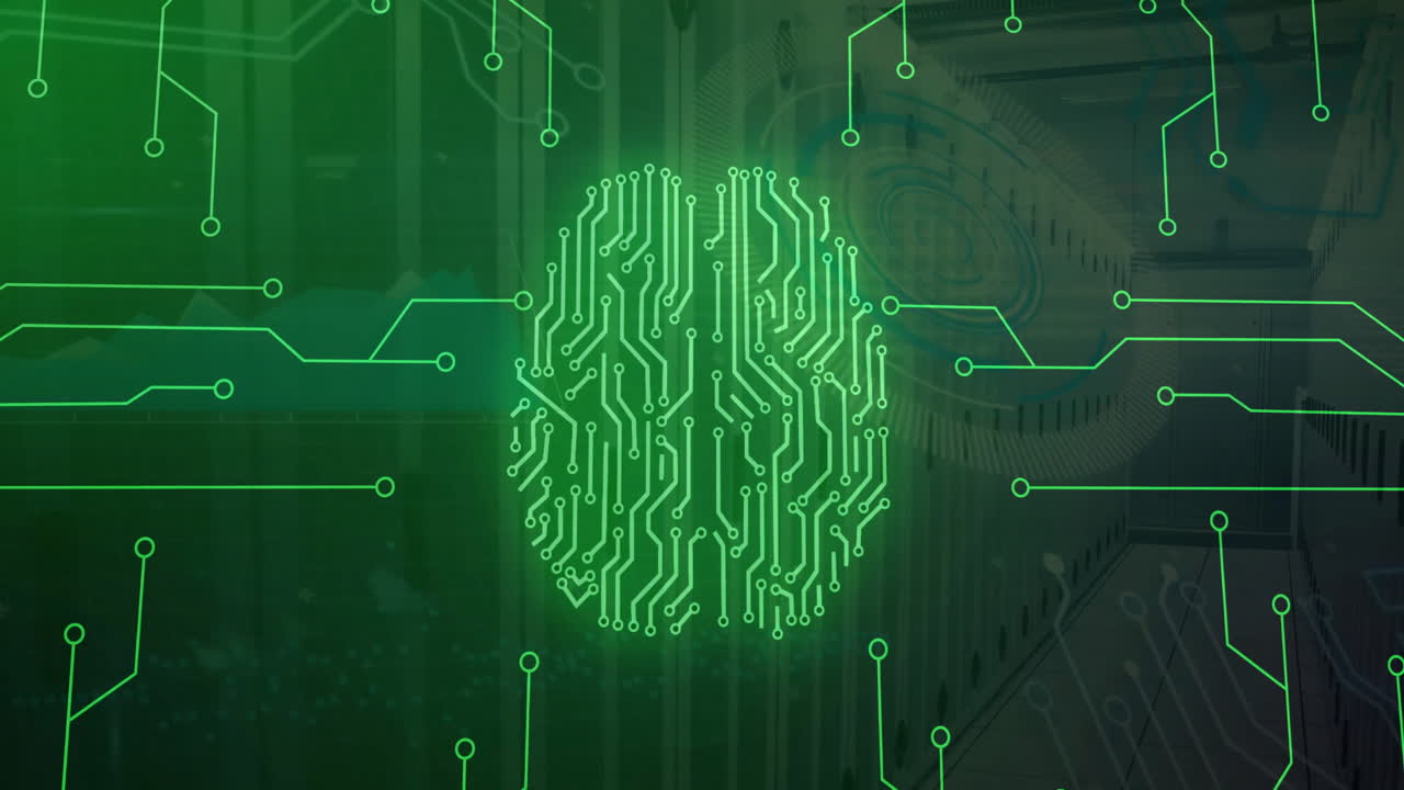Animation of digital brain, circuit board and data processing over computer servers