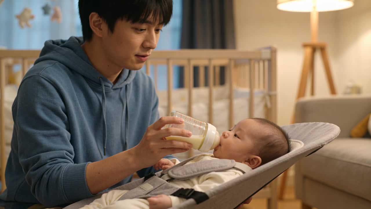 파란색 후드티를 입은 남성 보호자가 젖병을 들고 조절하며 집에서 영아에게 젖을 먹이고 있다.