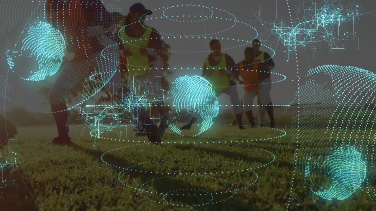 Training squad jogging, camera shifting lower, teal globe orbiting across cleats for sports drill