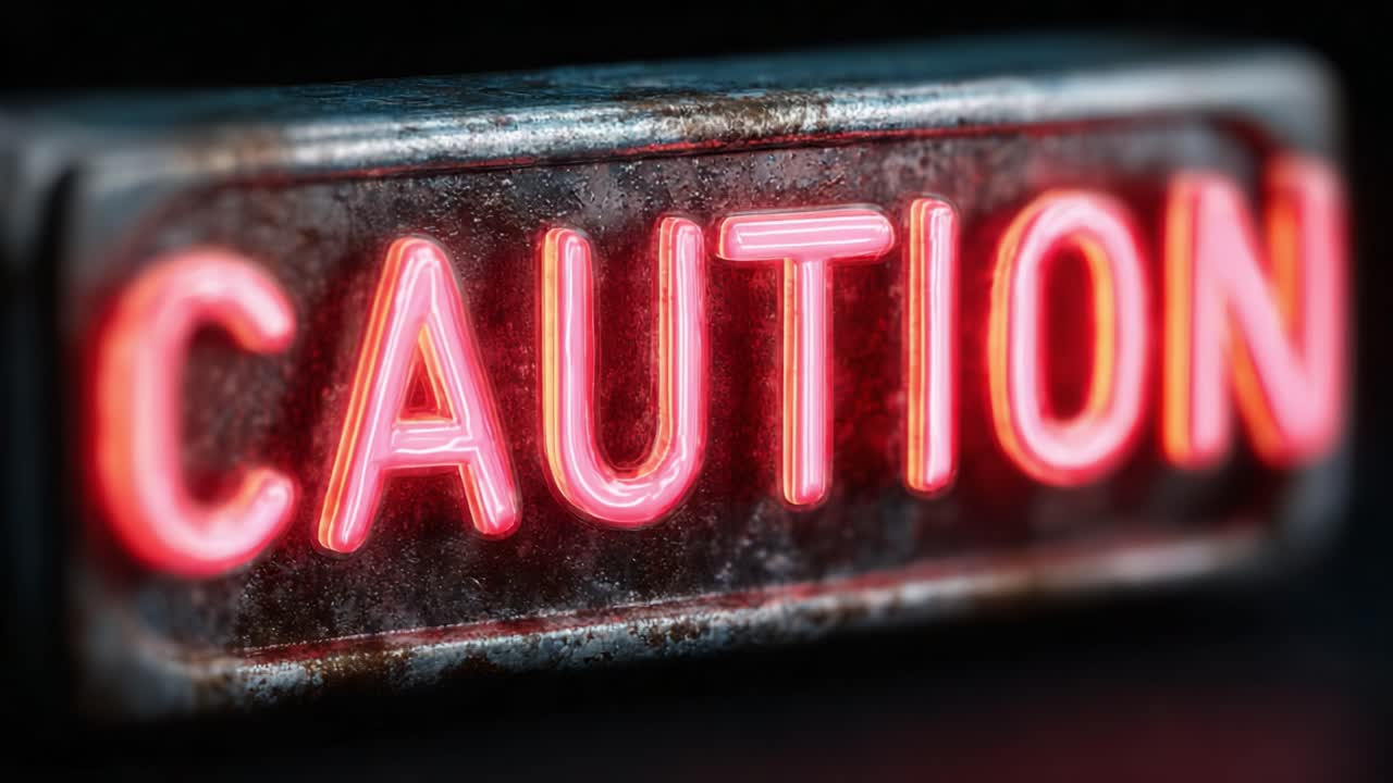A Bright and Bold Caution Sign Glowing with Neon Light, Emphasizing Safety and Alertness in a Dim Environment with a Textured Background