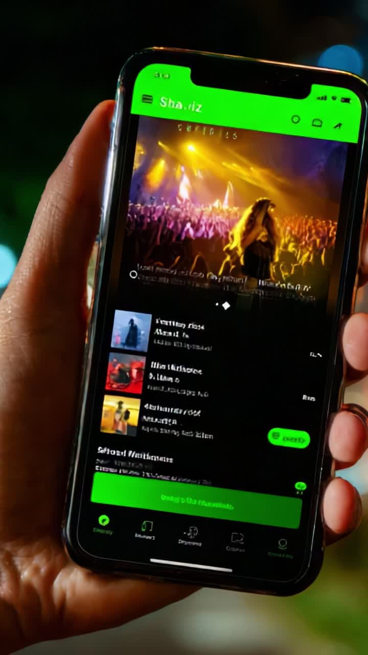 A vibrant and engaging smartphone interface showcasing a popular streaming application with colorful visuals of a live performance, offering options for music and film selections in a contemporary setting