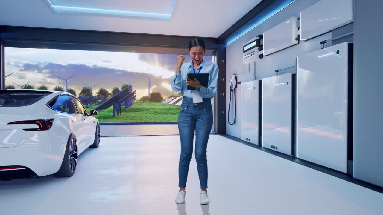 Full Body Of Asian Female With Her Tablet With Home Energy Storage System In a Modern Garage, She Raises Her Fist Up With Screaming Goal After Typed On The Tablet