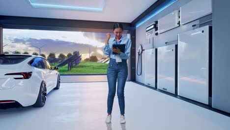 full body of asian female with her tablet with home energy storage system in a modern garage, she raises her fist up with screaming goal after typed on the tablet