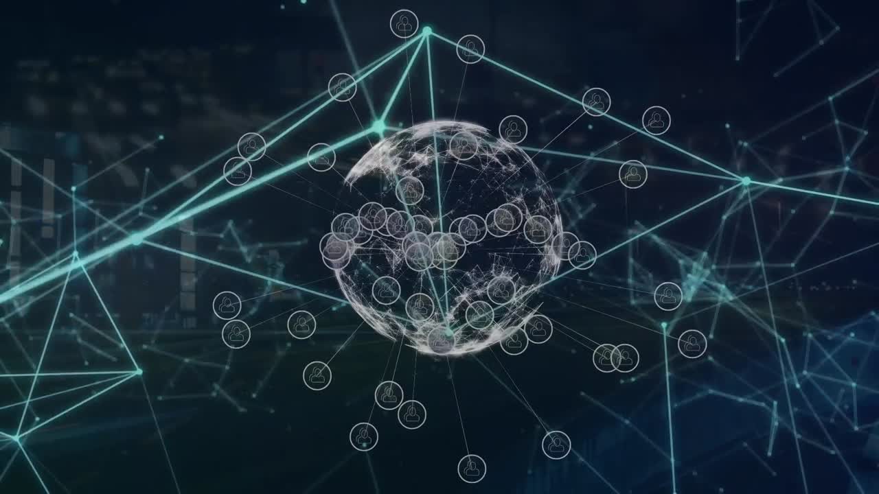 Animation of network of connections with icons and globe over cityscape