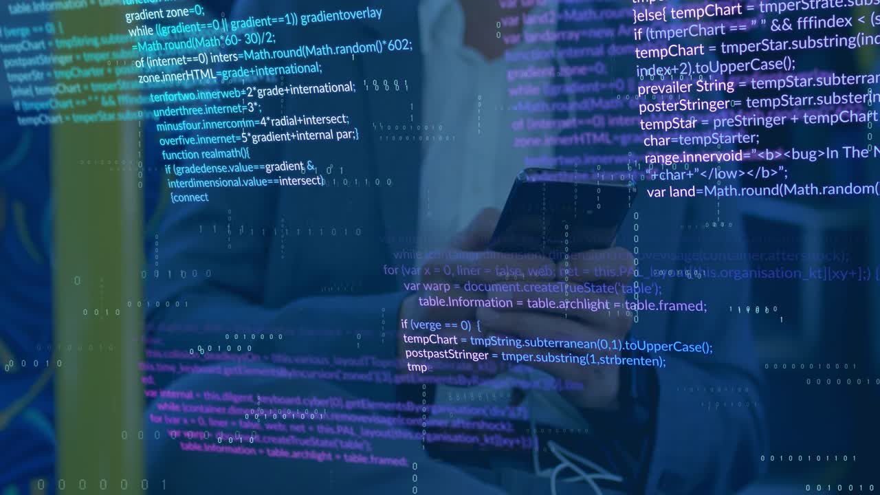 On phone lighting up, commuter using phone while code overlays growing to visualize data flow