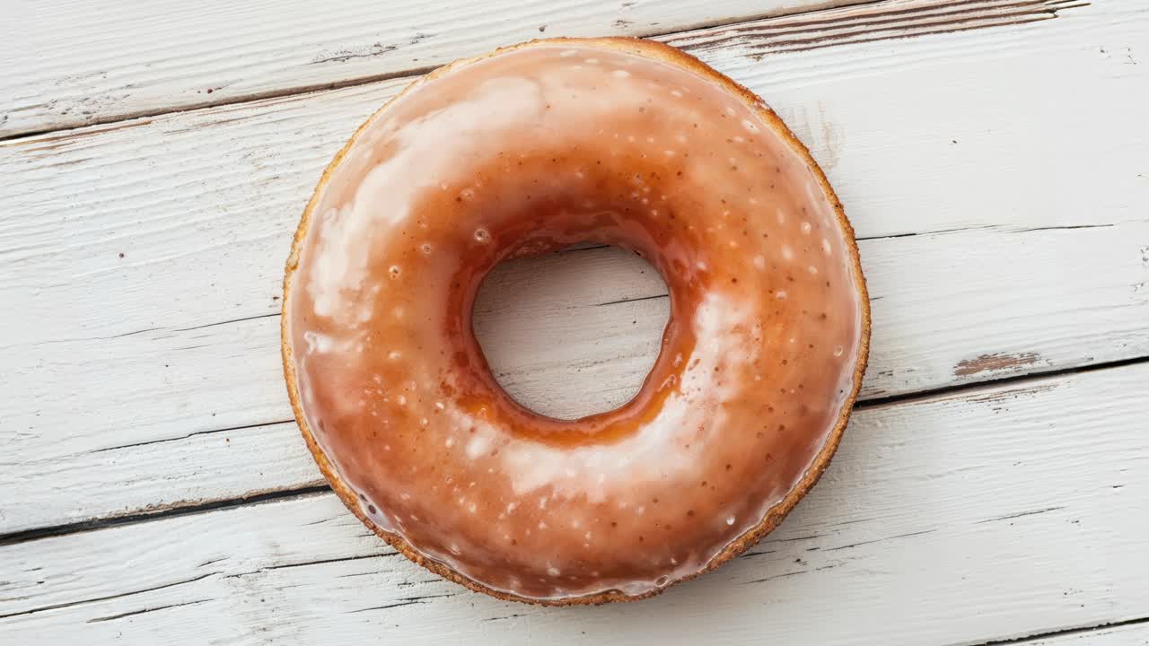 rosquilla esmaltada en una mesa de madera blanca