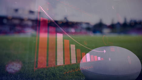 interfaz digital de coronavirus contra el balón de rugby en el estadio deportivo