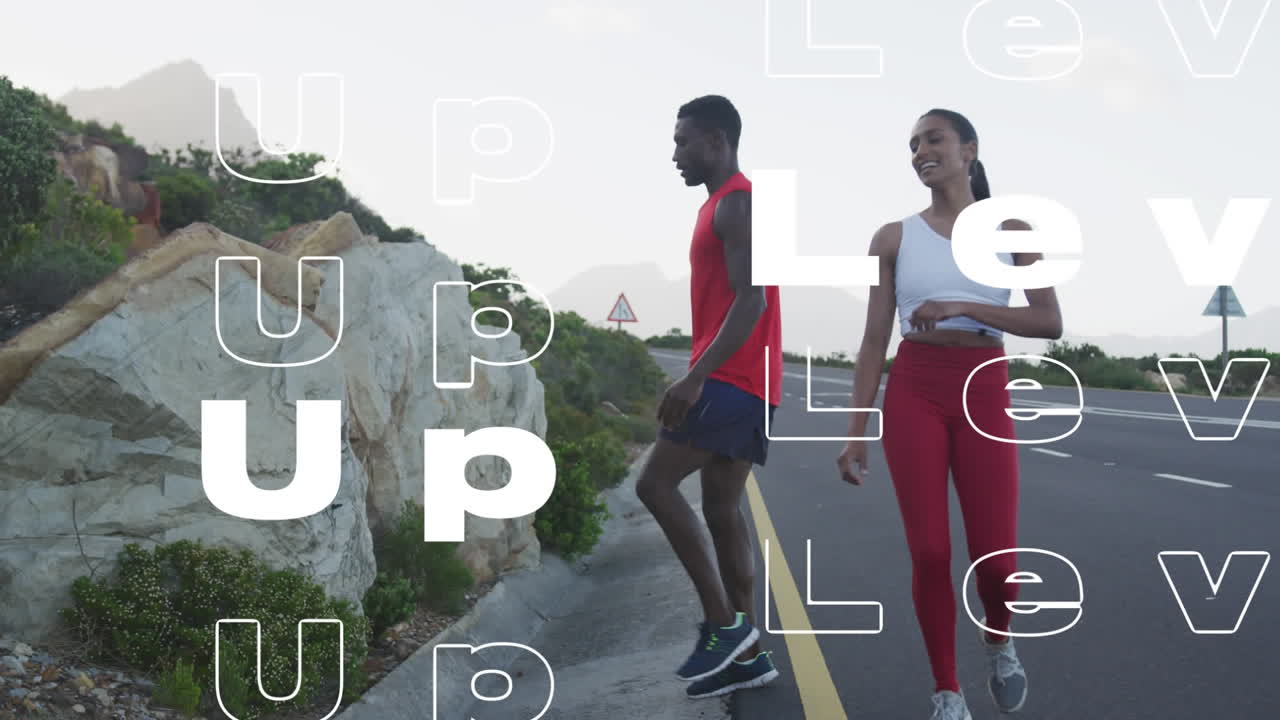 Animation of the words level up in white over couple exercising on mountain road