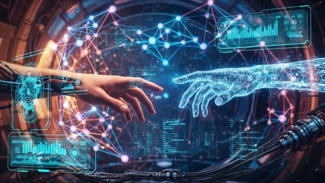a bridge between humanity and technology: exploring the connection through digital interfaces and futuristic designs in a sci-fi landscape