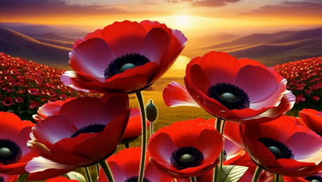 vibrant red poppies field at sunset