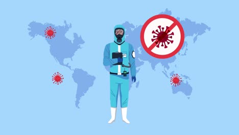 worker with biosafety suit and covid19 particles