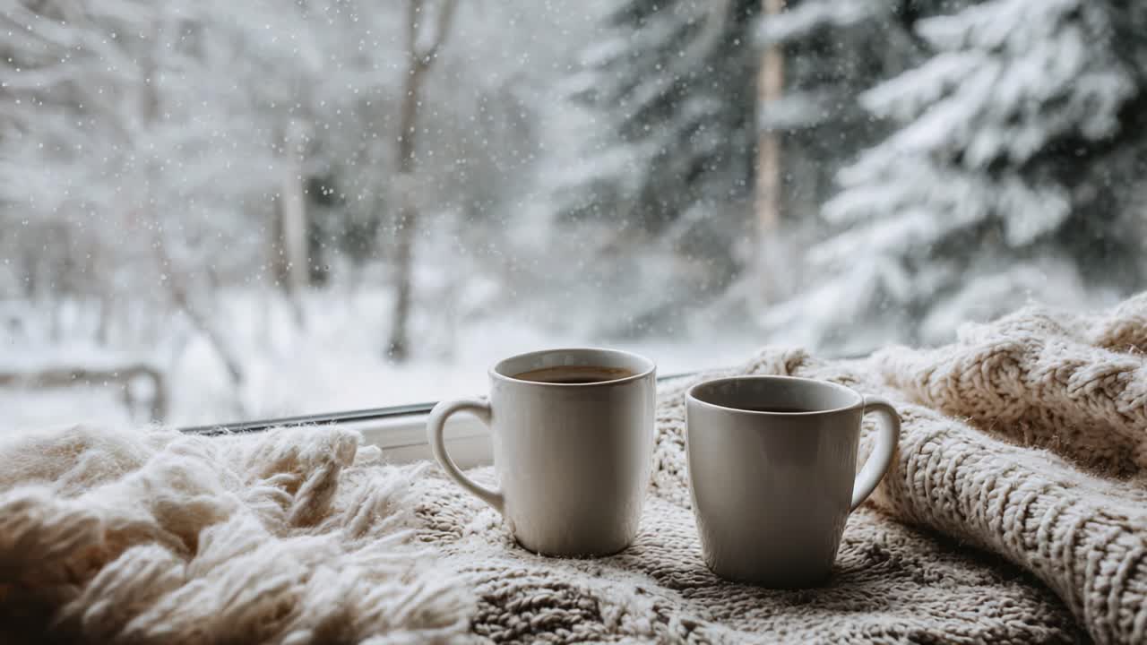 雪の窓辺の柔らかいブランケットに置かれた2杯のコーヒーがある居心地の良い冬の情景、冬のワンダーランドの中で快適さと暖かさの本質を捉える