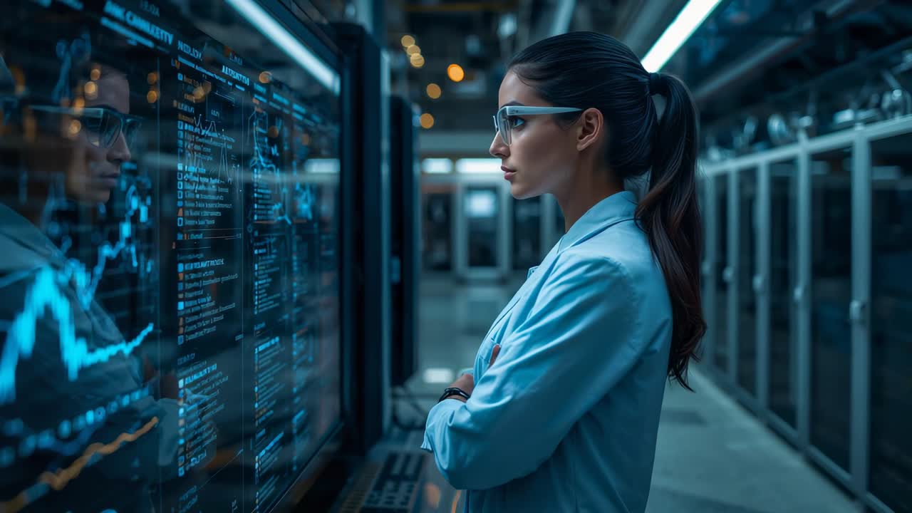 Overvågning af teknologiske sporingsdiagrammer under synkronisering på en glasskærm i et serverrum med laboratoriefrakke og briller, kopiområde
