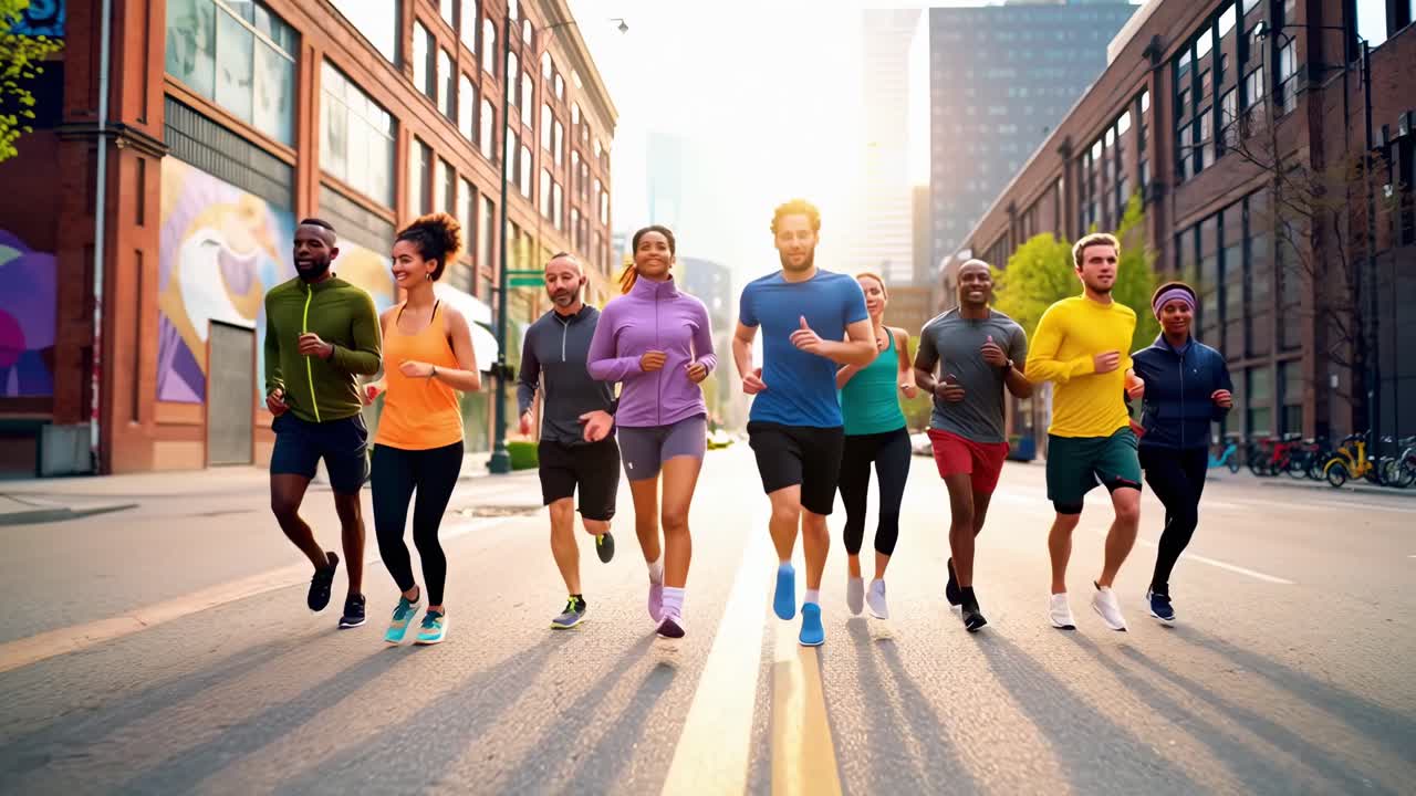Gruppo che fa jogging per le vie della città, ripresa dal basso. Video concept vivace ed energico