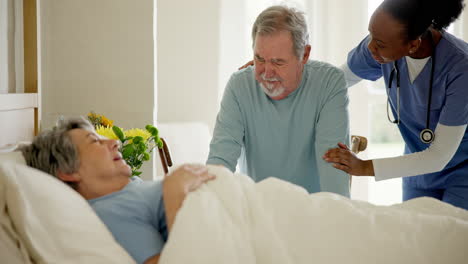 Hospital-bed,-sad-and-support-of-husband