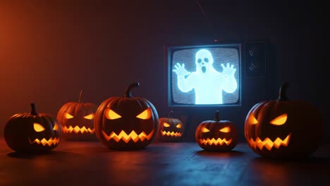 a spooky halloween scene with illuminated pumpkins and a ghostly figure on a vintage television, capturing the essence of the haunting celebration