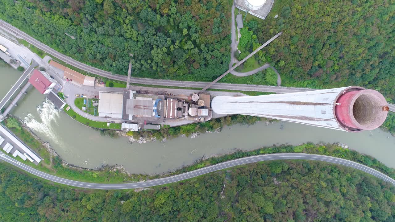 Drone flyover lignite fired power station Trbovlje, Slovenia , panoramic