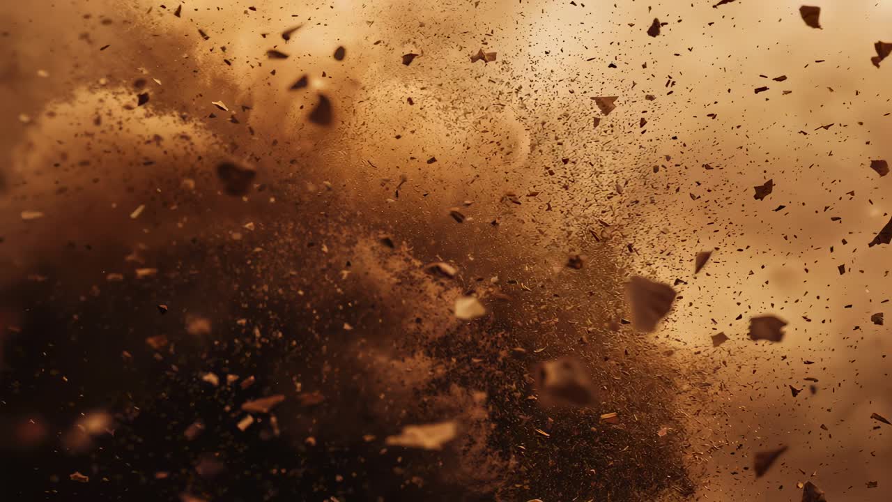 Ejecting brown dust cloud and angular rock fragments scattering in test chamber haze after impact