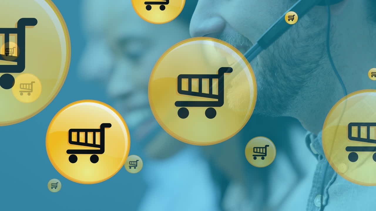 전화 헤드 ⁇ 을 착용 한 다양한 사업가들에 대한 온라인 쇼핑 아이콘의 애니메이션