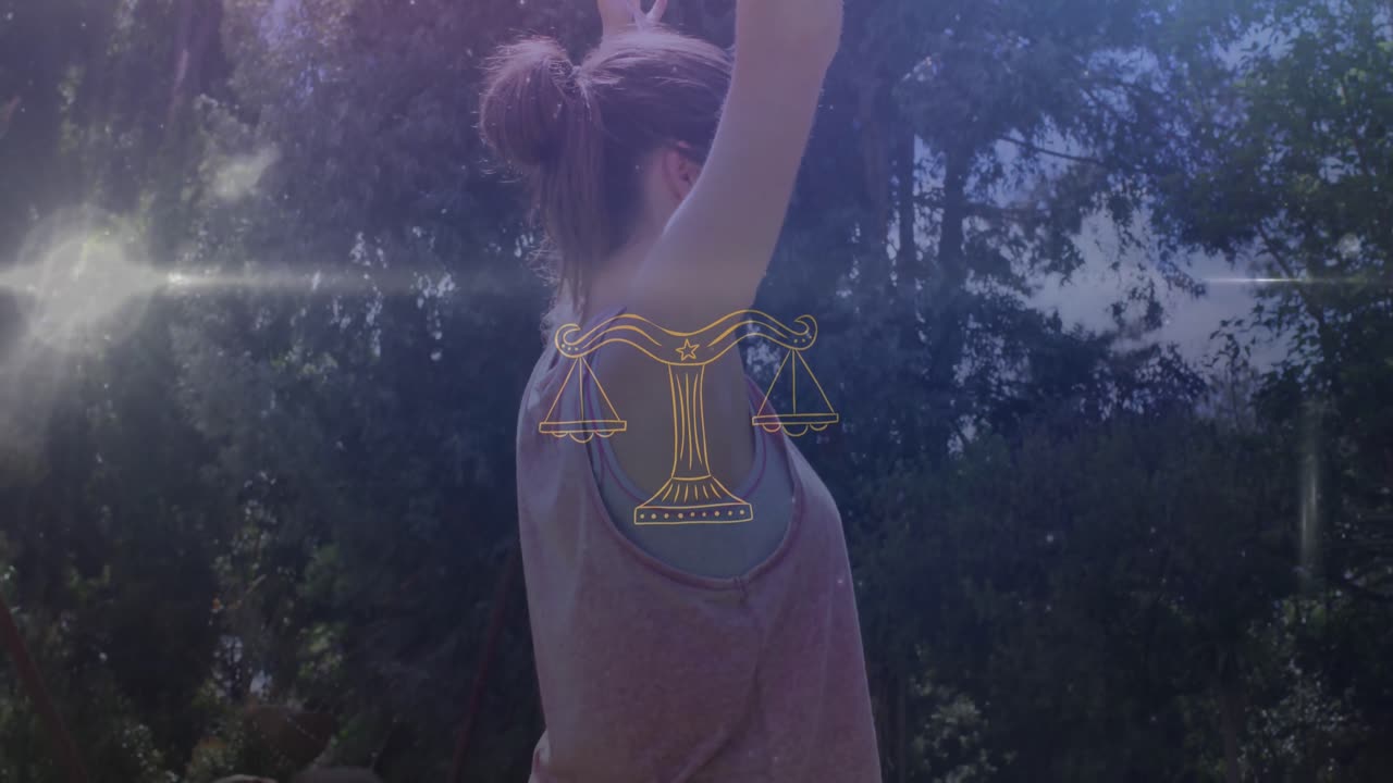 animación del signo del zodiaco sobre mujeres caucásicas practicando yoga