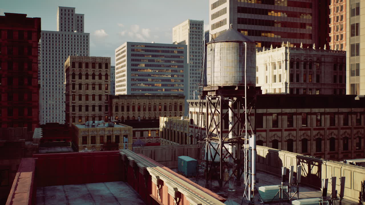 Urban landscape features water tower amidst skyscrapers in city center