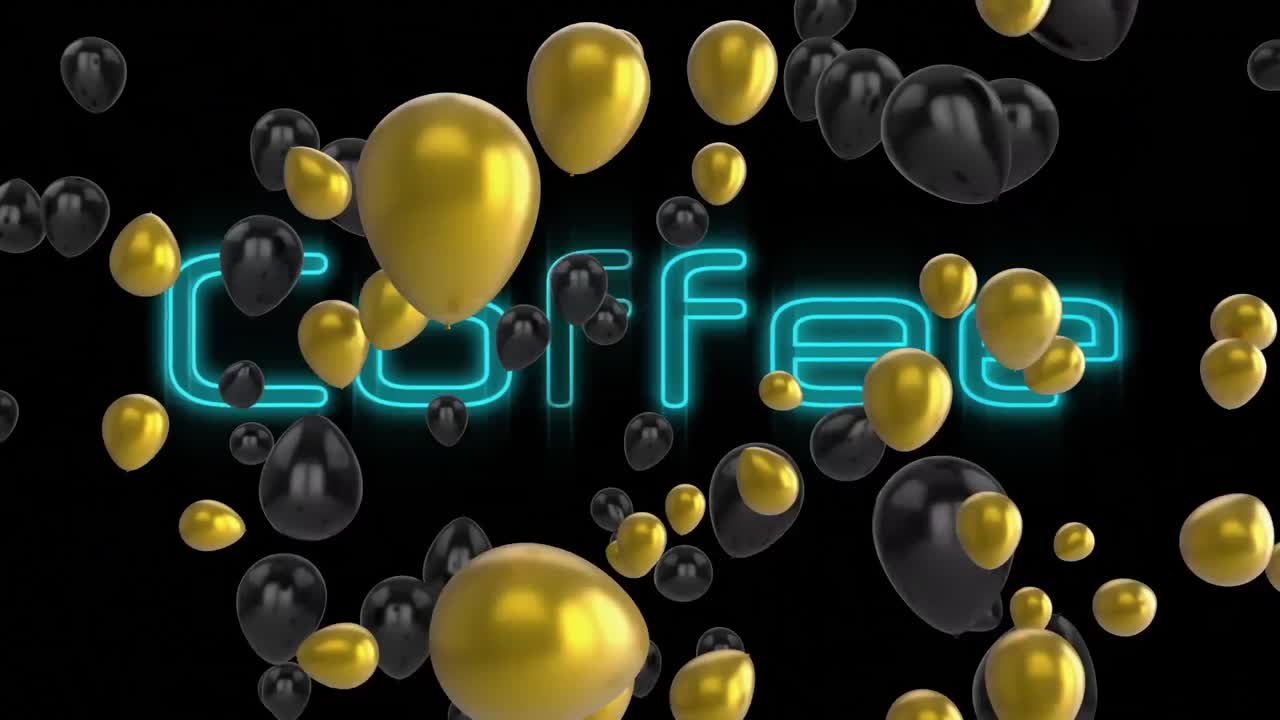 globos dorados y negros flotando sobre un cartel de texto de café verde neón contra un fondo negro