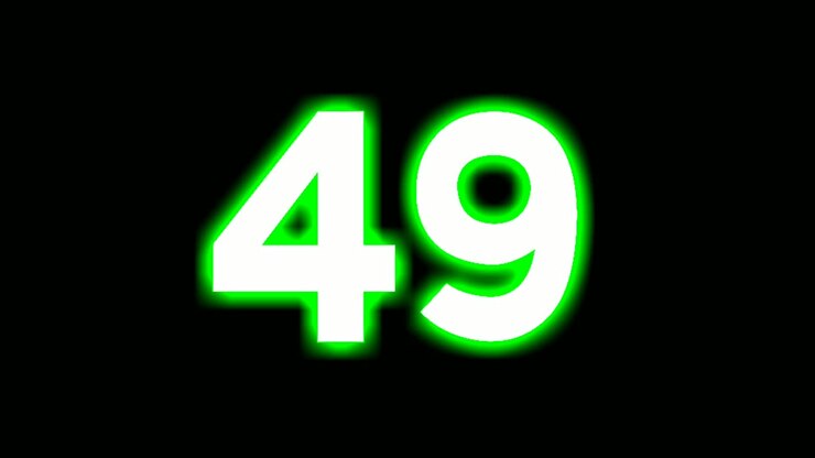 Neon number 49 forty nine sign symbol modern animation motion graphics flicking on black background,green color glowing and shining for video elements
