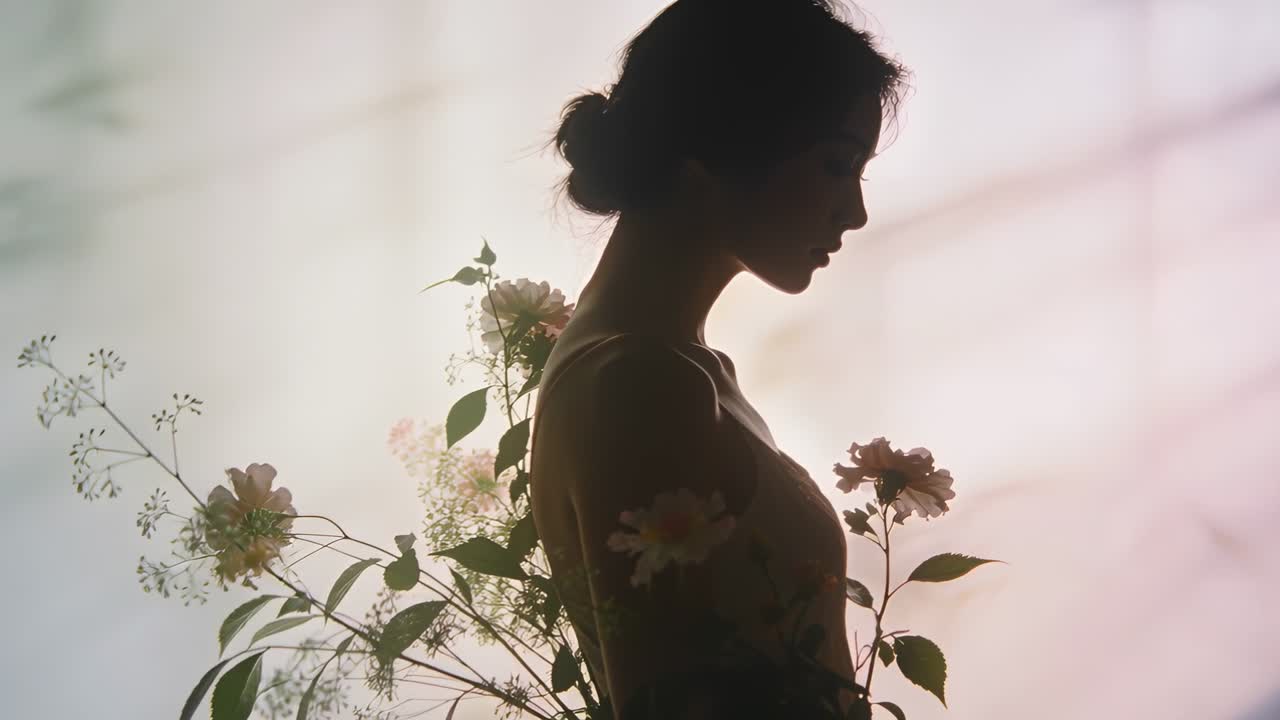 Tilting woman after framing leaning forward in studio backlit, floral dress with stems for portrait