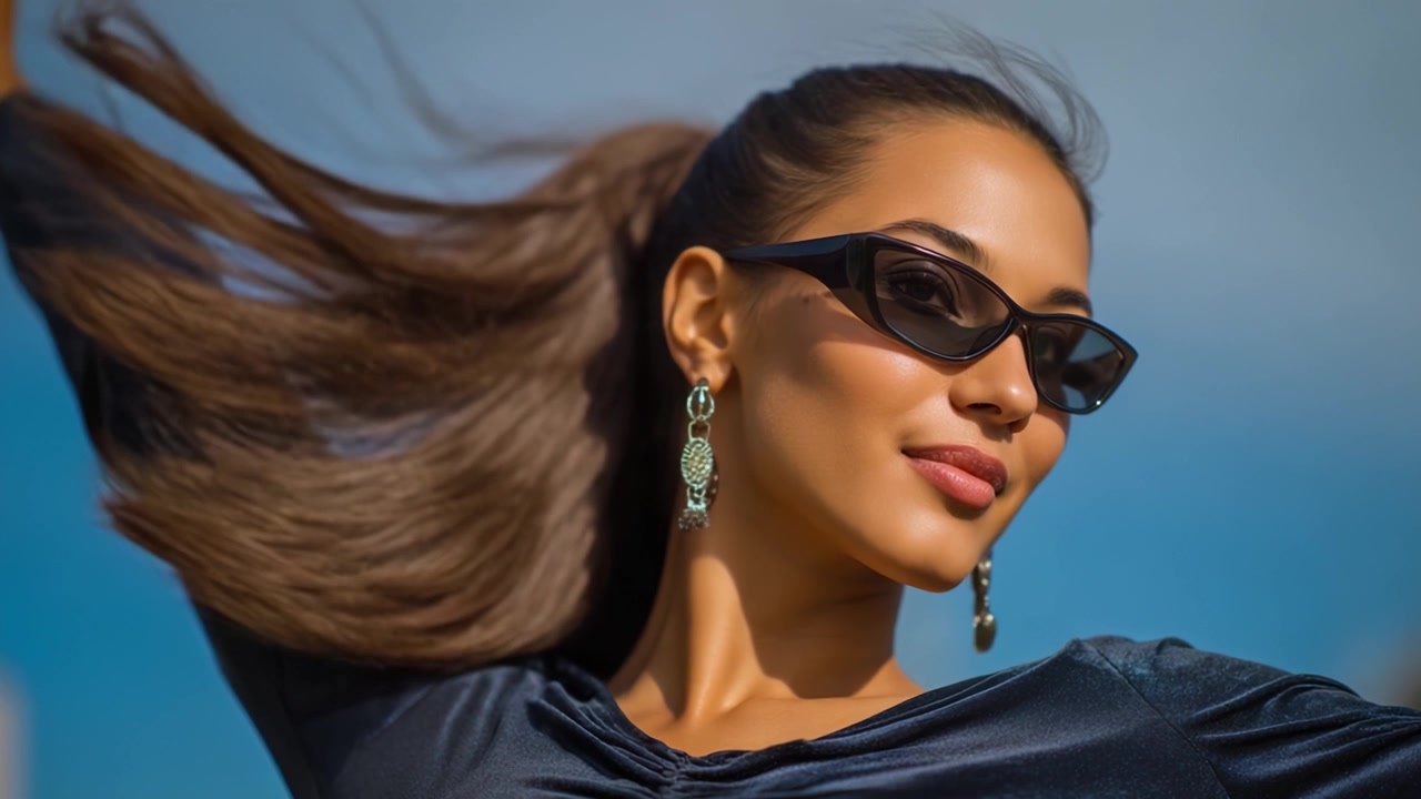 Stilfuld ung kvinde med solbriller og øreringe poserer selvsikkert mod en klar blå himmel i et moderigtigt outfit, der fremhæver moderne stil og skønhed.