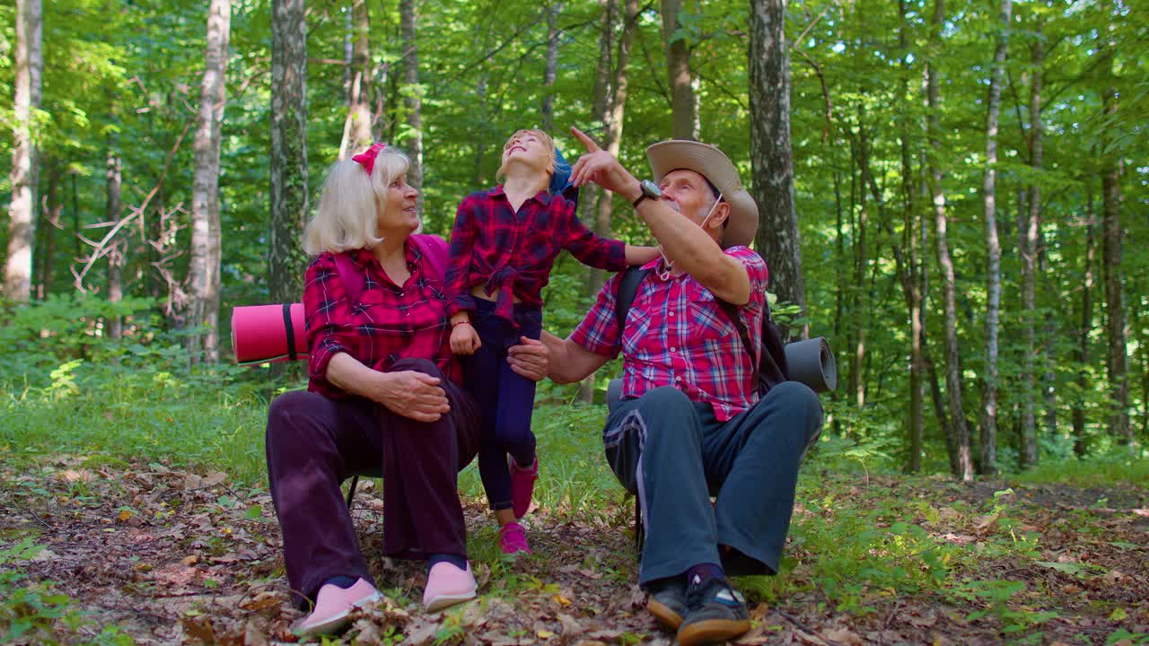 Eldre turister, bestemor, bestefar og barnebarn, snakker og sitter med ryggsekker i skogen.