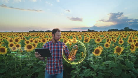 un agricultor moderno comprueba la calidad del aceite de girasol en un campo de helianto - cgi render