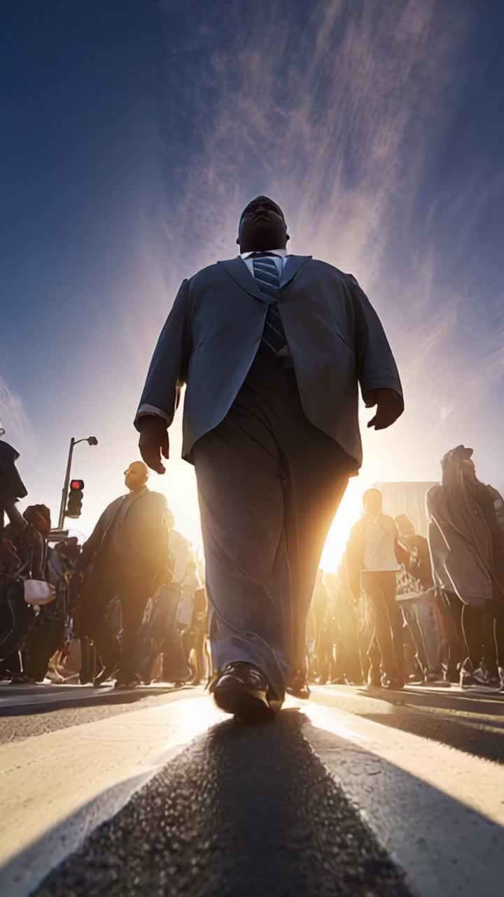 A determined figure strides confidently through a bustling crowd, silhouetted against a radiant sunset, embodying strength, purpose, and leadership in urban life