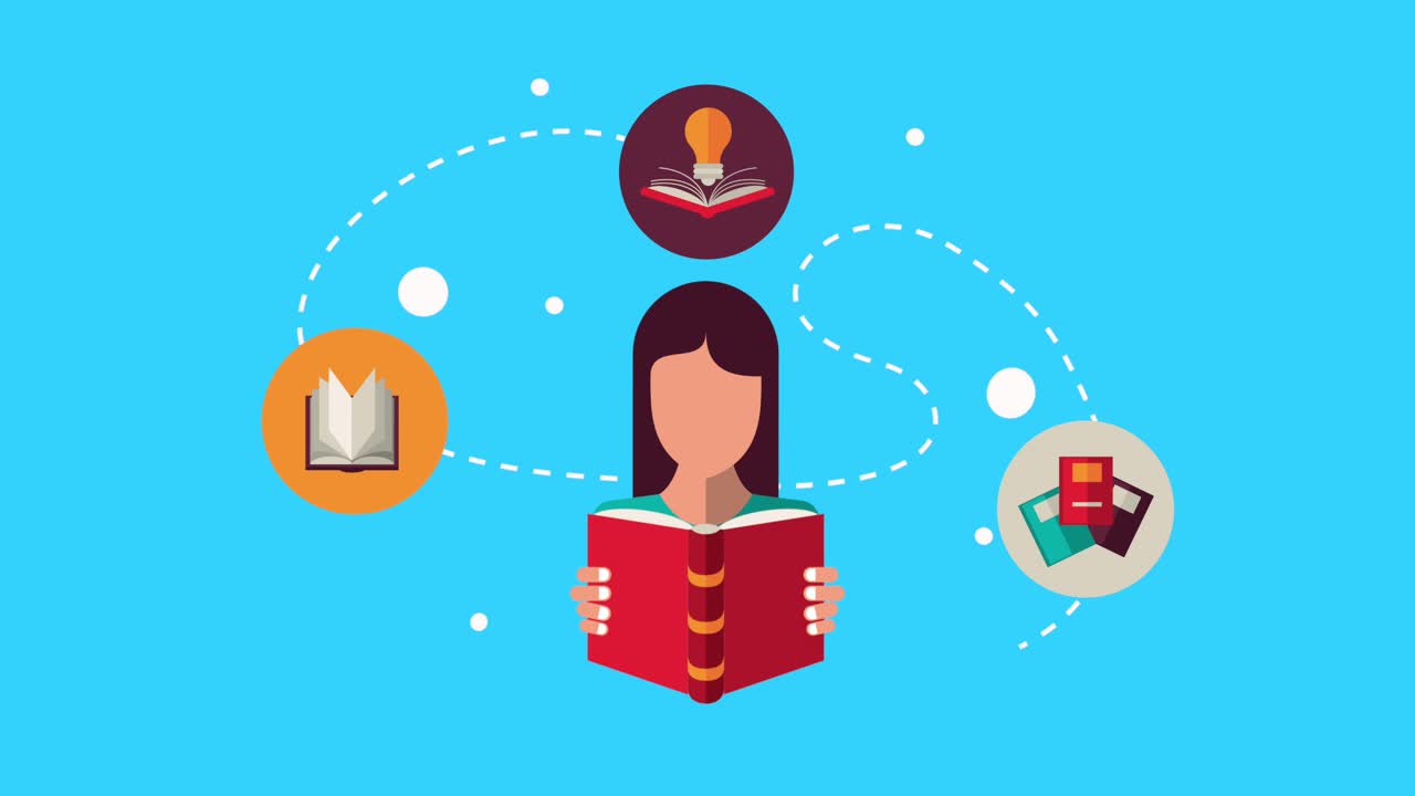 mujer leyendo libro de texto y aprendiendo iconos animación