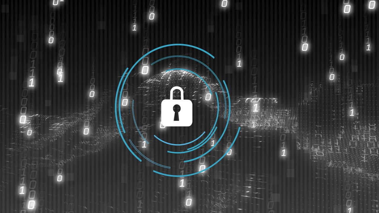 Digital network security concept with animation of lock icon and binary code