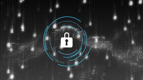 digital network security concept with animation of lock icon and binary code