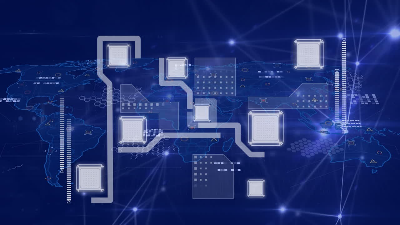연결 네트워크를 통해 컴퓨터 회로판의 애니메이션과 파란색 배경의 세계 지도