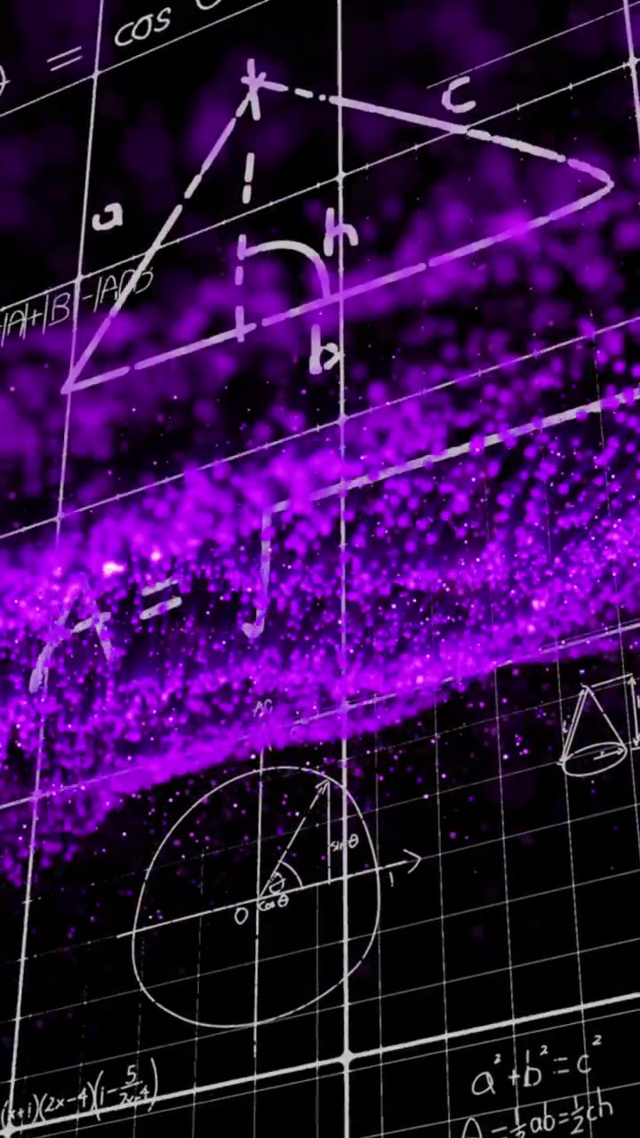 Animation von mathematischen Formeln und lila Glitzer auf schwarzem Hintergrund.