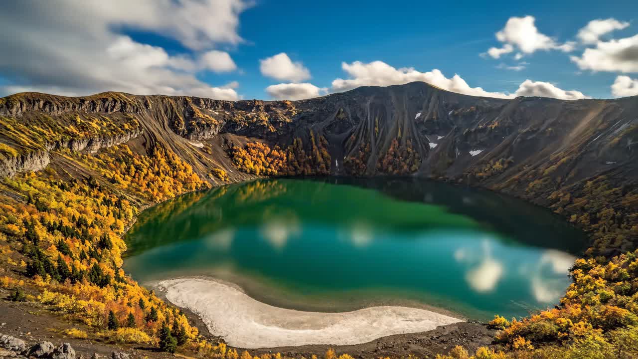 Scenic Volcanic Crater Lake with Autumn Foliage