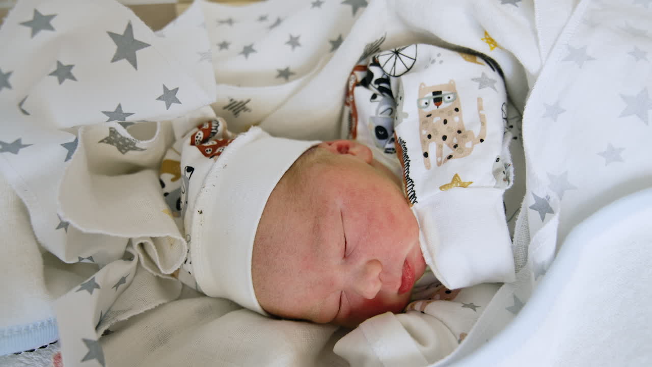 Lovely cute newborn baby sleeping peacefully covered in blankets. Few days old Caucasian infant close up.