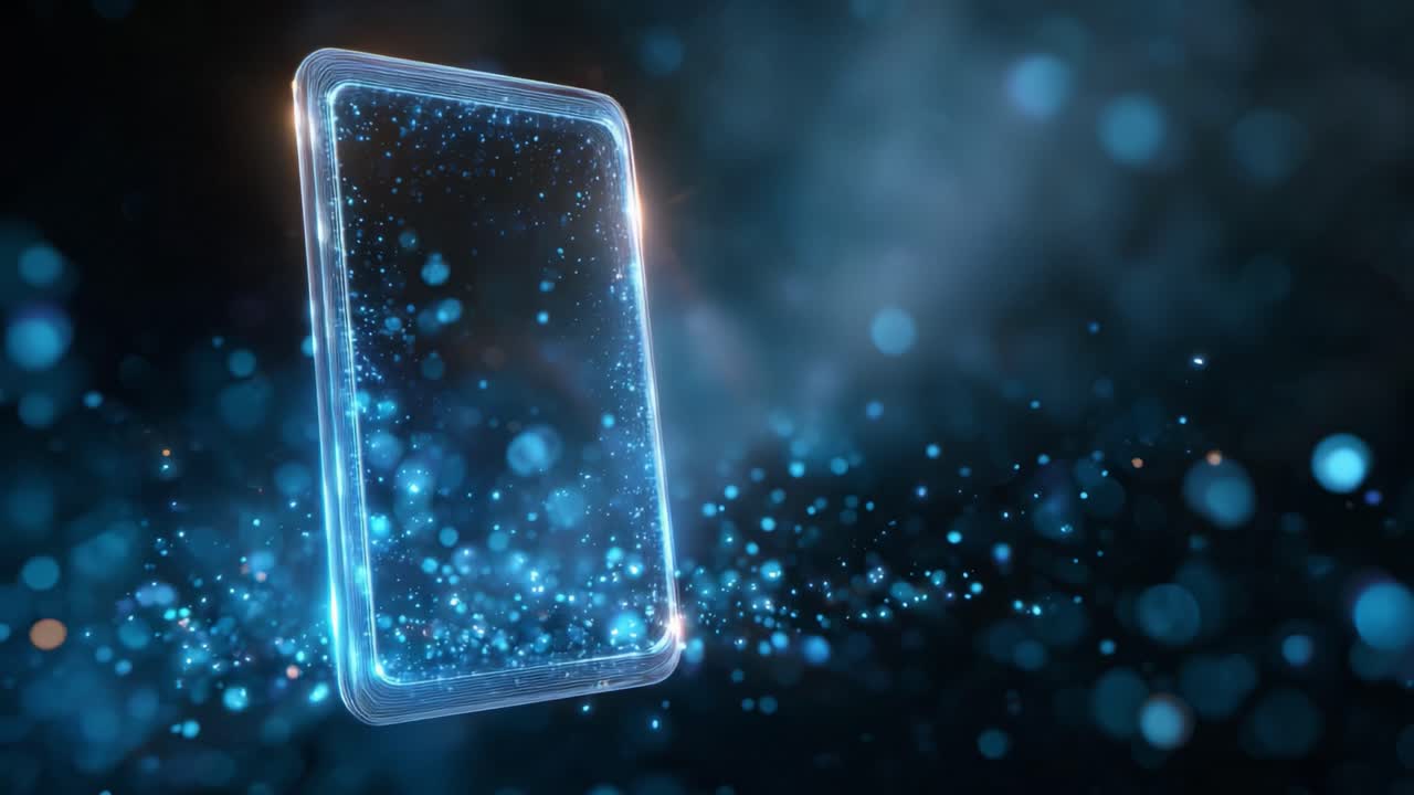 Stunning Visual of a Futuristic Smartphone Surrounded by Ethereal Blue Particles, Creating a Dynamic and Engaging Digital Atmosphere Evoking Technology and Innovation