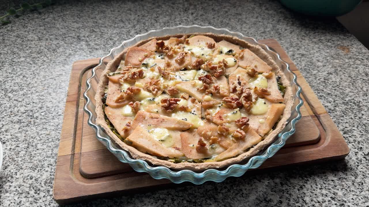 Freshly Baked Homemade Pear And Leek Tart. - closeup shot